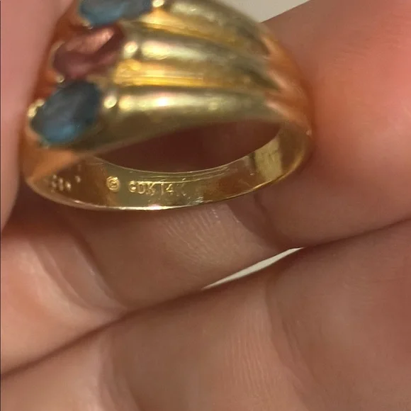 14k Solid Yellow Gold Blue & Pink Topaz Asymmetrical Stacked Ring